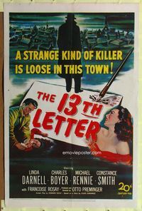 4y003 13th LETTER 1sh '51 Otto Preminger, Linda Darnell, a strange kind of killer is loose!