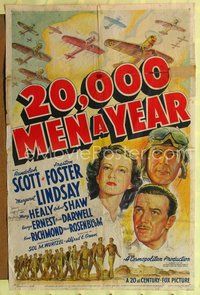 4y009 20,000 MEN A YEAR signed 1sh '39 by Mary Healy, cool art of Randolph Scott & airplane squadron