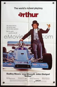4y051 ARTHUR int'l 1sh '81 image of drunken Dudley Moore holding martini next to F1 race car!