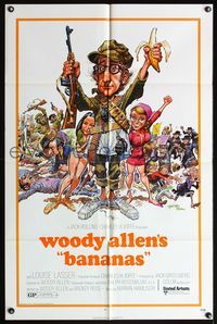 4y058 BANANAS 1sh '71 great artwork of Woody Allen by E.C. Comics artist Jack Davis!