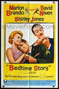 4y066 BEDTIME STORY 1sh '64 Marlon Brando, David Niven & Shirley Jones!