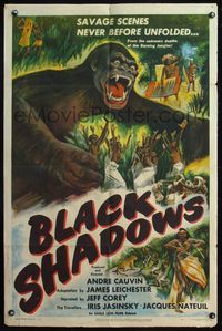 4y093 BLACK SHADOWS 1sh '49 African jungle, cool artwork of giant ape & tribal dancing!