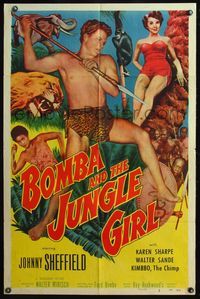 4y107 BOMBA & THE JUNGLE GIRL 1sh '53 great c/u of Johnny Sheffield with spear & sexy Karen Sharpe!