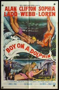 4y115 BOY ON A DOLPHIN 1sh '57 art of Alan Ladd & sexiest Sophia Loren swimming underwater!