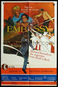 4y264 EMBASSY Canadian 1sh '72 English, artwork of Richard Roundtree, wages war on your nerves!