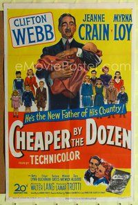 4y156 CHEAPER BY THE DOZEN 1sh '50 art of Clifton Webb holding baby w/kids in background!