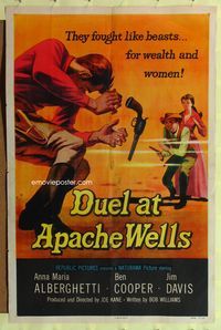 4y244 DUEL AT APACHE WELLS 1sh '57 they fought like beasts for wealth and women, cool gun duel art!