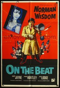 4y670 ON THE BEAT English 1sh '62 art of wacky Scotland Yard detective Norman Wisdom w/megaphone!