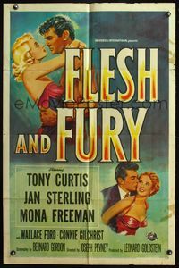 4y284 FLESH & FURY 1sh '52 art of boxer Tony Curtis holding sexy Jan Sterling!