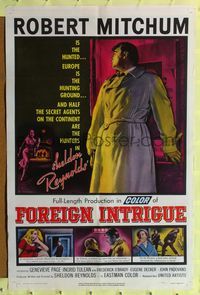 4y287 FOREIGN INTRIGUE 1sh '56 Genevieve Page, Robert Mitchum is the hunted!
