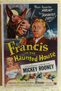 4y289 FRANCIS IN THE HAUNTED HOUSE 1sh '56 wacky art of Mickey Rooney w/Francis the talking mule!