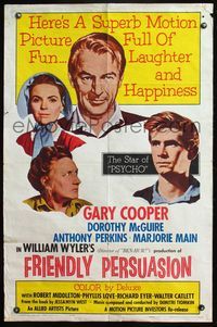4y291 FRIENDLY PERSUASION 1sh R61 Gary Cooper, Dorothy McGuire, Anthony Perkins, Marjorie Main!