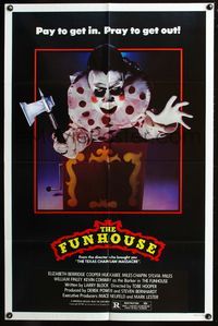 4y295 FUNHOUSE Clown style 1sh '81 Tobe Hooper, pray to get out, creepy carnival clown horror image!