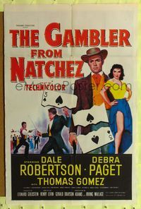 4y298 GAMBLER FROM NATCHEZ 1sh '54 Dale Robertson, sexy Debra Paget, cool fencing duel art!