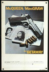 4y306 GETAWAY 1sh '72 Steve McQueen, Ali McGraw, Sam Peckinpah, cool gun image!