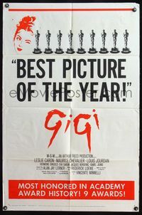 4y313 GIGI awards style 1sh '58 most honored in Academy Award history, image of nine awards!