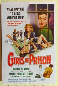 4y316 GIRLS IN PRISON 1sh '56 classic sexy bad girl cat fight art, women without men!