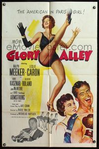 4y320 GLORY ALLEY 1sh '52 boxer Ralph Meeker, sexy Leslie Caron, Louis Armstrong playing trumpet!