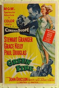 4y327 GREEN FIRE 1sh '54 art of beautiful full-length Grace Kelly & Stewart Granger!