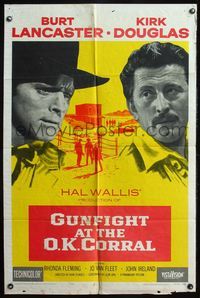4y329 GUNFIGHT AT THE O.K. CORRAL 1sh '57 Burt Lancaster, Kirk Douglas, directed by John Sturges!