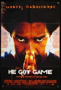 4y339 HE GOT GAME int'l DS 1sh '98 Spike Lee, basketball, close-up of Denzel Washington w/afro!