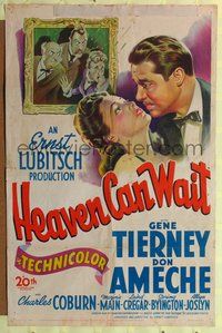 4y342 HEAVEN CAN WAIT 1sh '43 Gene Tierney, Don Ameche, directed by Ernst Lubitsch!