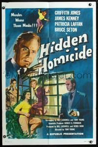 4y349 HIDDEN HOMICIDE 1sh '58 this English murderer wears three masks, cool crime art!