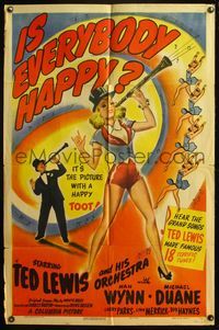 4y416 IS EVERYBODY HAPPY 1sh '43 biography of jazz musician Ted Lewis, art of sexy babe w/clarinet!
