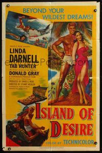4y421 ISLAND OF DESIRE 1sh '52 full-length art of sexy Linda Darnell & barechested Tab Hunter!