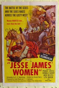 4y438 JESSE JAMES' WOMEN 1sh '54 classic catfight artwork, women wanted him... more than the law!