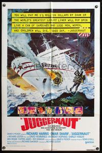 4y445 JUGGERNAUT 1sh '74 Richard Harris, art of ocean liner under attack by Bob McCall!