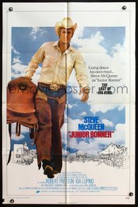 4y448 JUNIOR BONNER 1sh '72 full-length rodeo cowboy Steve McQueen carrying saddle!