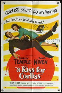 4y469 KISS FOR CORLISS 1sh '49 great romantic art of of Shirley Temple & David Niven!