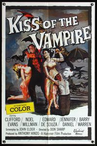 4y472 KISS OF THE VAMPIRE 1sh '63 Hammer, cool art of devil bats attacking by Joseph Smith!