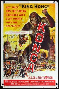 4y482 KONGA 1sh '61 great artwork of giant angry ape terrorizing city by Reynold Brown!