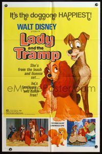 4y484 LADY & THE TRAMP 1sh R72 Walt Disney romantic canine classic cartoon!