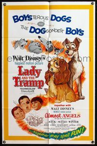 4y485 LADY & THE TRAMP/ALMOST ANGELS 1sh '62 Walt Disney double-bill w/cool canine art!
