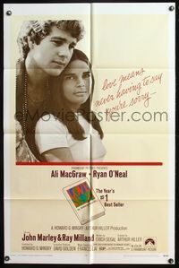 4y525 LOVE STORY 1sh '70 great romantic close up of Ali MacGraw & Ryan O'Neal!