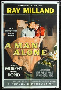 4y539 MAN ALONE style A 1sh '55 art of star & director Ray Milland carrying Mary Murphy!