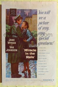 4y588 MIRACLE IN THE RAIN 1sh '56 great romantic art of Jane Wyman & Van Johnson!