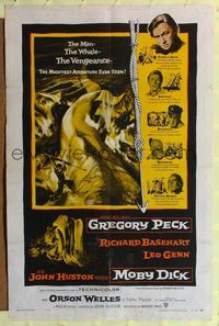 4y594 MOBY DICK 1sh '56 Gregory Peck, Orson Welles, great art of the giant whale!