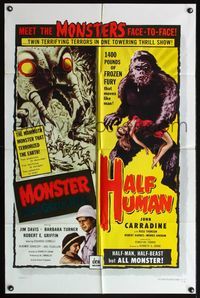 4y598 MONSTER FROM GREEN HELL/HALF HUMAN 1sh '57 twin terrifying terrors in 1 towering thrill show!