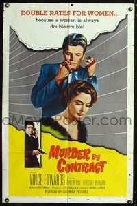4y609 MURDER BY CONTRACT 1sh '59 Vince Edwards prepares to strangle woman with necktie!