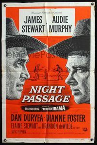 4y644 NIGHT PASSAGE 1sh '57 no one could stop the showdown between Jimmy Stewart & Audie Murphy!