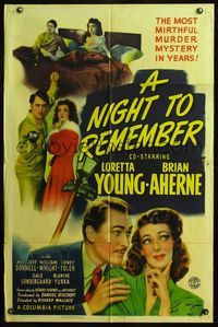 4y645 NIGHT TO REMEMBER 1sh '42 Loretta Young & Brian Aherne in a mirthful murder mystery!