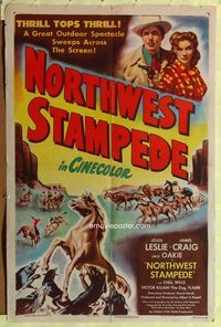 4y656 NORTHWEST STAMPEDE 1sh '48 western art of cowboy Jack Oakie & cowgirl Joan Leslie!