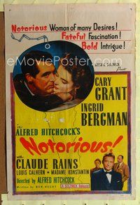 4y662 NOTORIOUS 1sh R54 Hitchcock, Cary Grant, Ingrid Bergman, notorious woman of many desires!