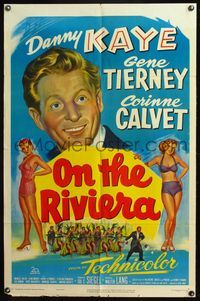4y672 ON THE RIVIERA 1sh '51 art of Danny Kaye + sexy Gene Tierney & Corinne Calvet in swimsuits!