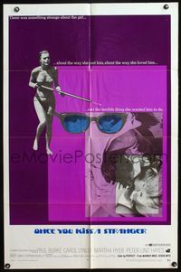 4y682 ONCE YOU KISS A STRANGER 1sh '69 full-length sexy Carol Lynley in swimsuit with harpoon gun!