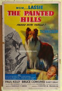 4y690 PAINTED HILLS 1sh '51 wonderful painted artwork of Lassie, saving man falling from cliff!